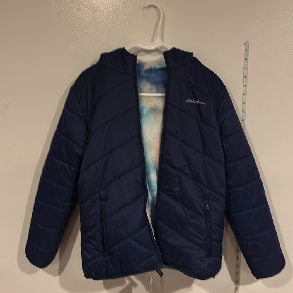 Eddie Bauer Kids Girls XL Deer Harbor Reversible Hooded Jacket Navy Blue Outside